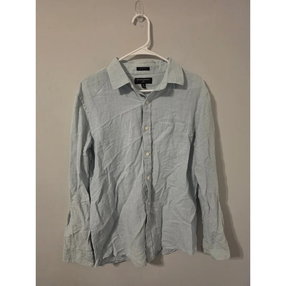 Banana Republic Button Down Mens M Blue Casual Linen Cotton Slim Fit Shirt